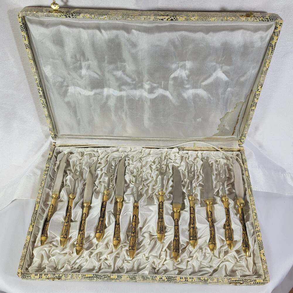 Vintage 12-Piece Damascene Fruit Knife and Fork Set, Midas of Toledo Spain, Gold